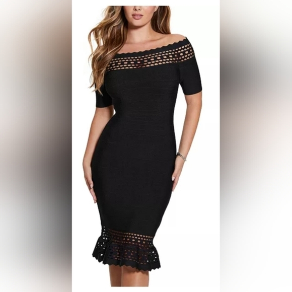 GUESS Gabriela Black peplum hem Bodycon Bandage Midi Dress size Small new - Picture 3 of 8